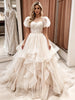 Champagne Tulle Lace Puff Sleeve Wedding Dress
