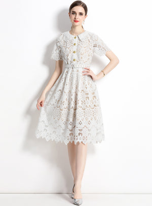 White Retro Lapel Lace Openwork Dress