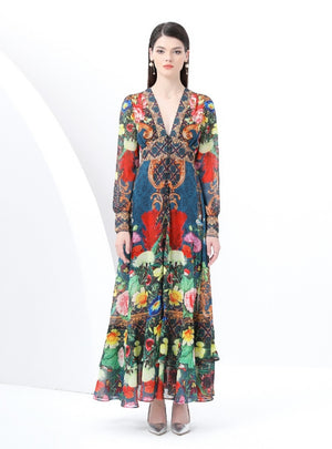 Retro Deep V-neck Lantern Sleeve Floral Dress