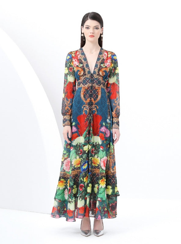 Retro Deep V-neck Lantern Sleeve Floral Dress