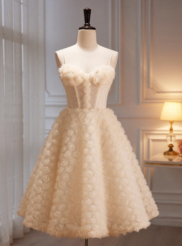 Champagne Tulle Straps Flower Homecoming Dress