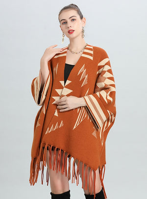 Loose Jacquard Knit Cardigan Fringed Shawl