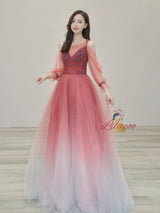 Burgundy Tulle Sequins Beading Long Sleeve Prom Dress