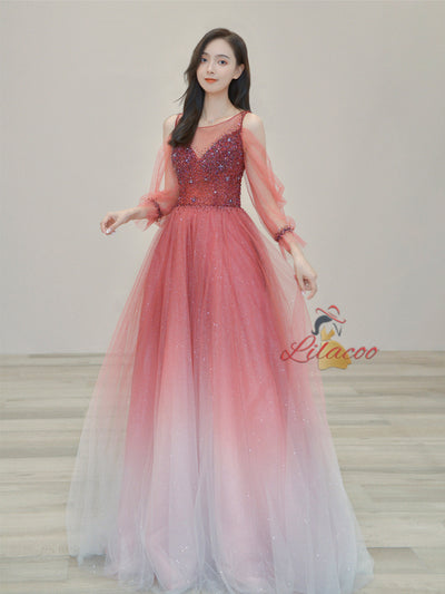 Burgundy Tulle Sequins Beading Long Sleeve Prom Dress