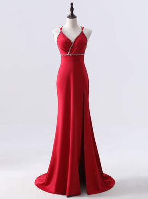 Burgundy Mermaid V-neck Beading Prom Dress