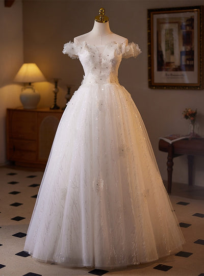 White Tulle Sequins Appliques Wedding Dress