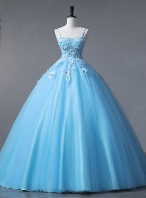 Blue Tulle Spaghetti Straps 3D Appliques Prom Dress