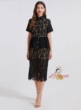 Lace Short Sleeve Slit Slim Diamond Dress