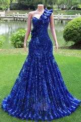 Royal Blue Mermaid Sequins One Shoulder Prom Dress