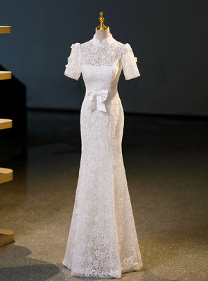 White Lace Short Sleeve Wedding Dress