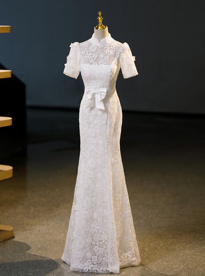 White Lace Short Sleeve Wedding Dress