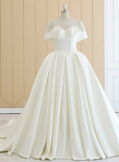 White Satin Off The Shoulder Wedding Dress