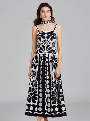 Retro Printed Sling Slim Dress