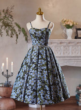 Black Spaghetti Straps Print Homecoming Dress