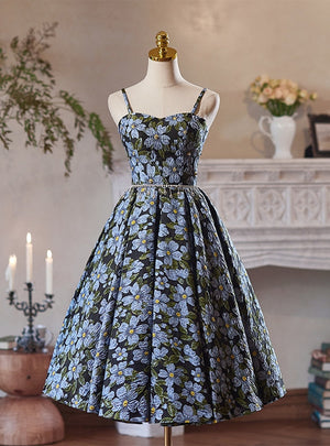 Black Spaghetti Straps Print Homecoming Dress
