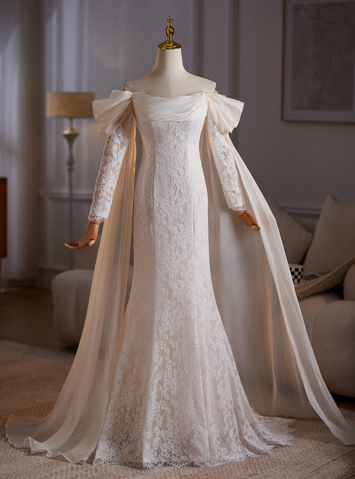 White Mermaid Lace Long Sleeve Wedding Dress