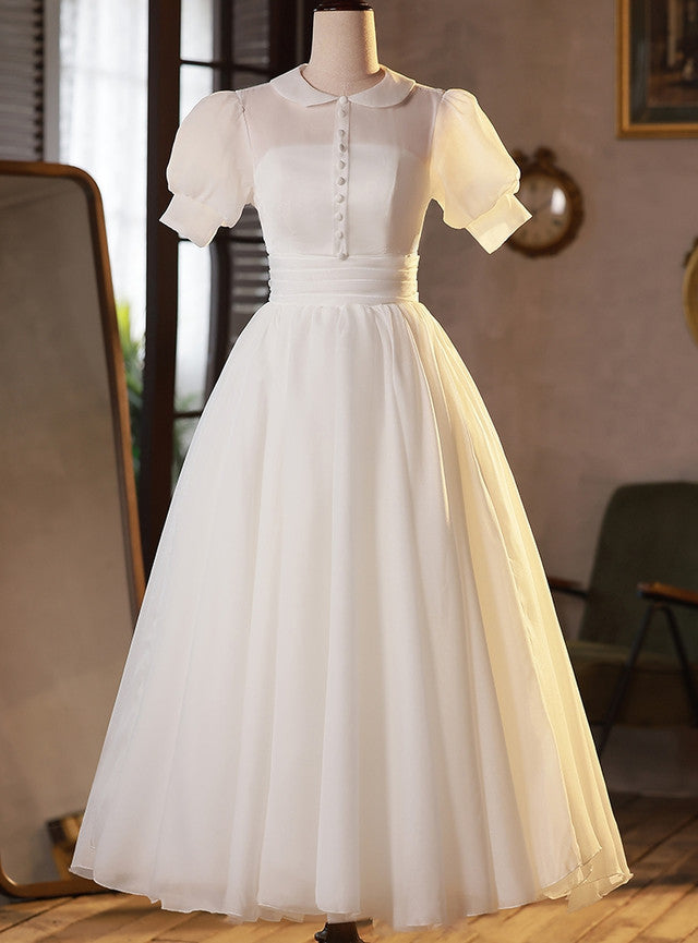 Simple White Tulle Short Sleeve Button Wedding Dress