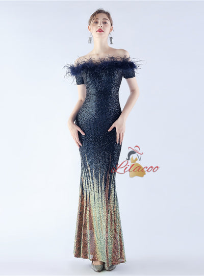 Mermaid Sequins Off the Shoulder Feather Prom Dress