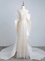 Beige White Mermaid Sequins Pearls Prom Dress