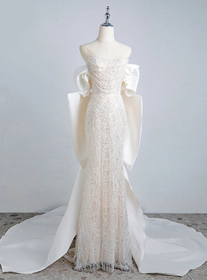 Beige White Mermaid Sequins Pearls Prom Dress