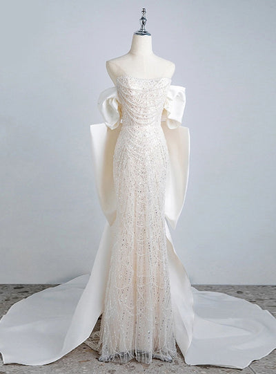 Beige White Mermaid Sequins Pearls Prom Dress