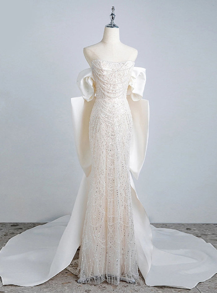 Beige White Mermaid Sequins Pearls Prom Dress