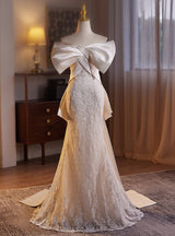 Ivory Mermaid Lace Satin Bow Wedding Dress