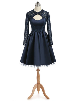 Navy Blue Long Sleeve Beading Homecoming Dress