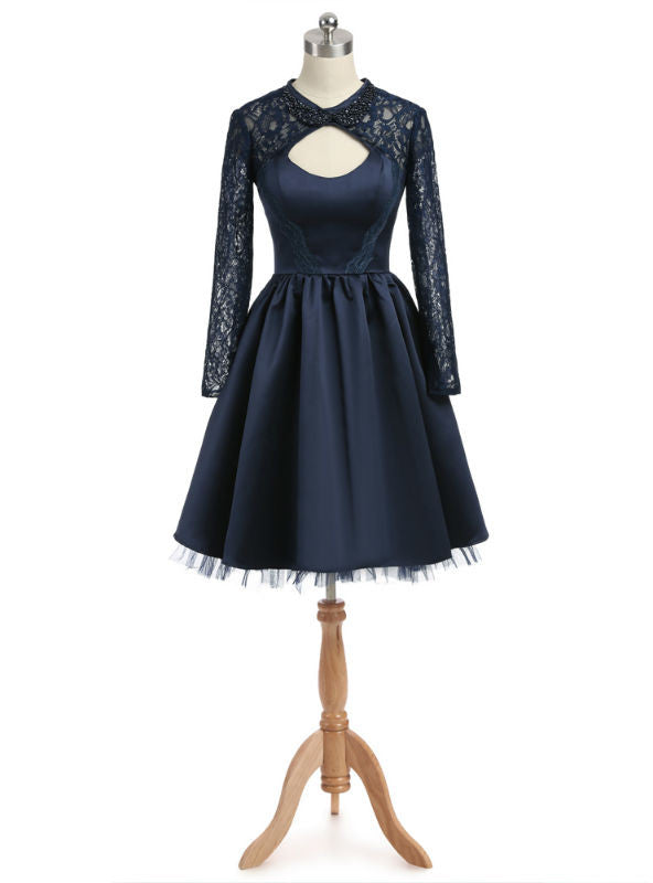 Navy Blue Long Sleeve Beading Homecoming Dress