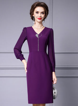 Purple V-neck Beading Long Sleeve Mother Of The Bride Dress