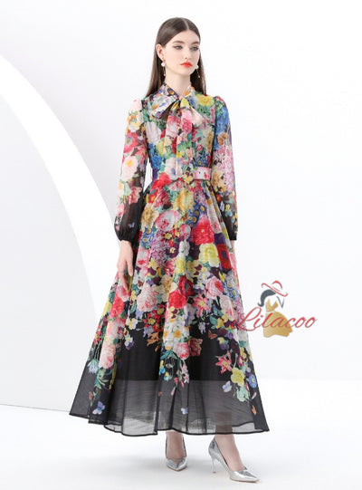 Lantern Sleeve Retro Print Slim Dress