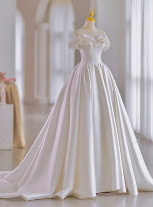 White Satin Off the Shoulder 3D Flower Wedding Dress