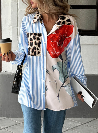 Casual Printed Striped Stitching Shirt
