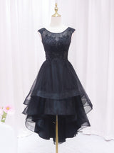 Black Tulle Appliques Beading Hi Lo Prom Dress