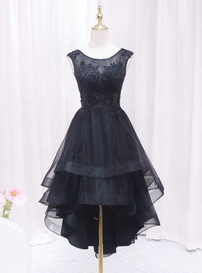 Black Tulle Appliques Beading Hi Lo Prom Dress