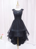 Black Tulle Appliques Beading Hi Lo Prom Dress