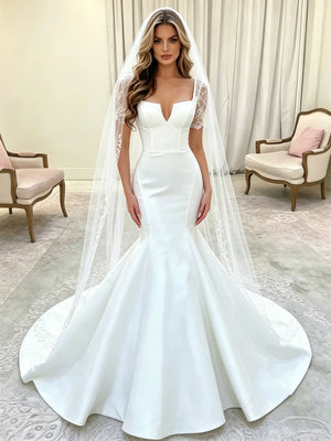 White Mermaid Satin Short Sleeve Lace Wedding Dress