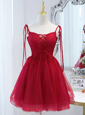 Burgundy Tulle Lace Beading Homecoming Dress