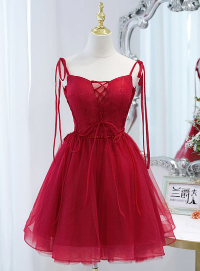 Burgundy Tulle Lace Beading Homecoming Dress