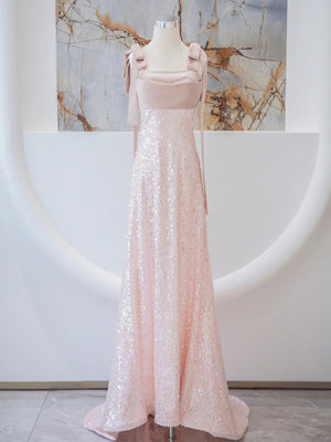 Pink Sequins Straps Prom Dress