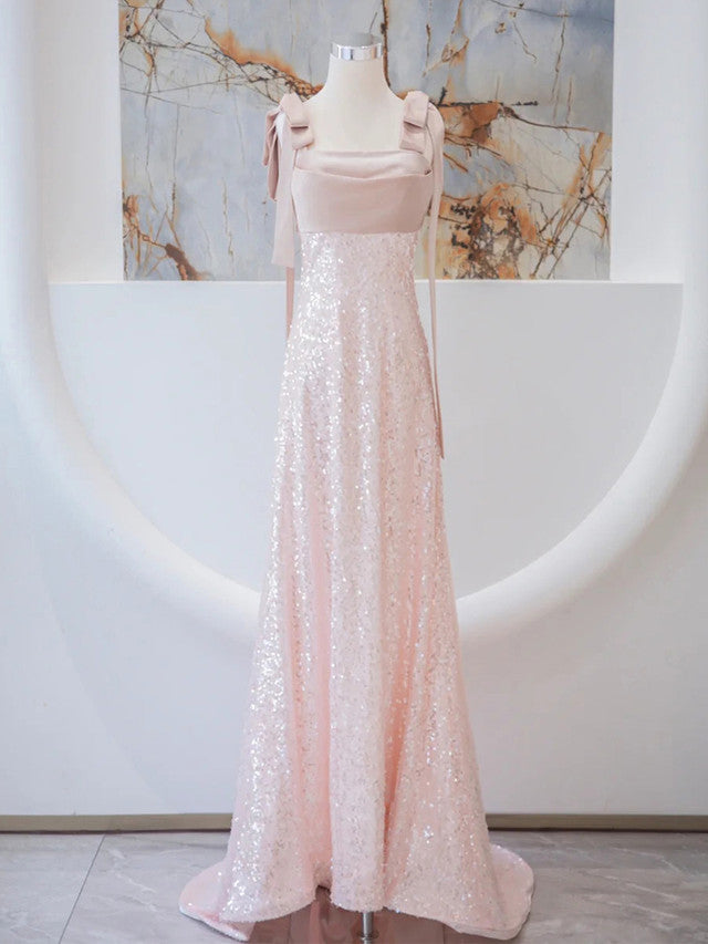 Pink Sequins Straps Prom Dress