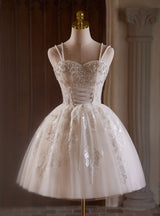 White Tulle Straps Beading Homecoming Dress