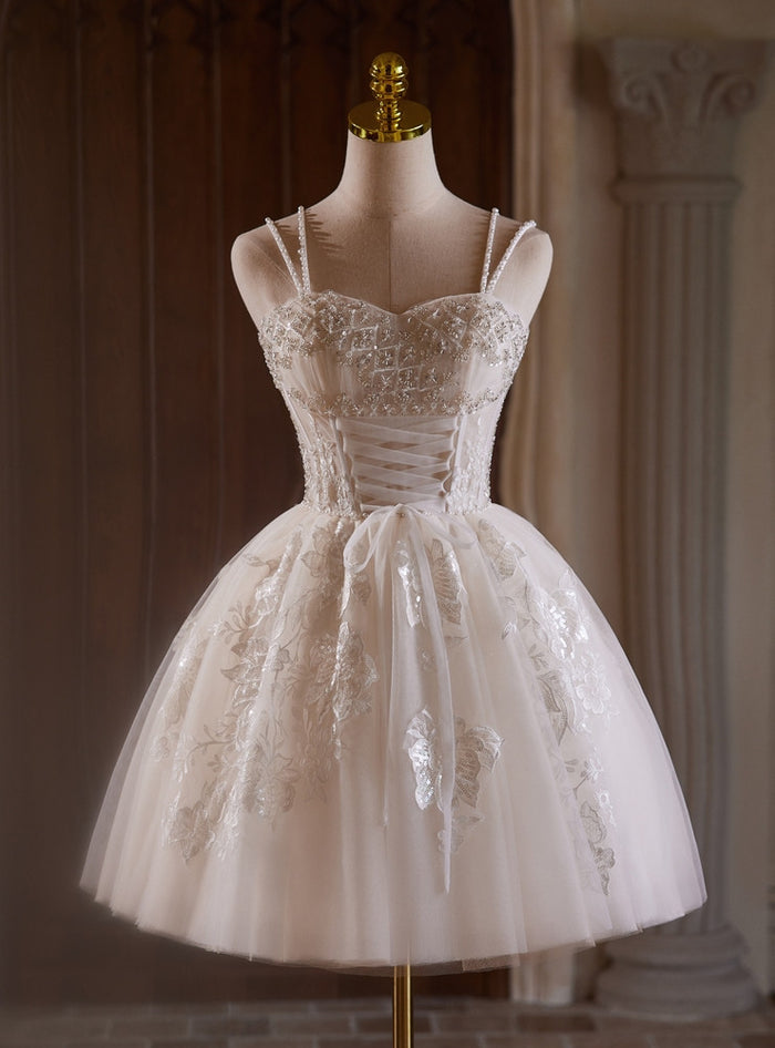 White Tulle Straps Beading Homecoming Dress