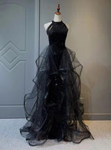 Black Sequins Halter Beading Prom Dress