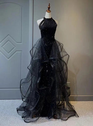 Black Sequins Halter Beading Prom Dress