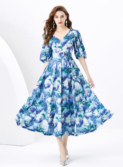 Palace Bubble Sleeve Print Long Dress