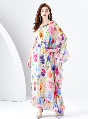 One-shoulder Wooden Ear Wide Swing Printed Dress