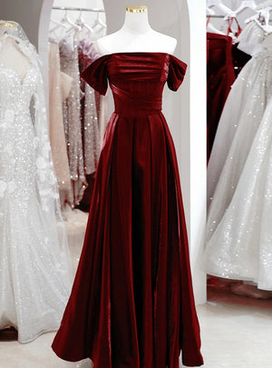 Burgundy Off the Shoulder Pleats Beading Prom Dress