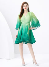 Holiday V-neck Trumpet Sleeve Pleated Gradient Dress