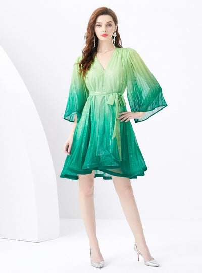 Holiday V-neck Trumpet Sleeve Pleated Gradient Dress